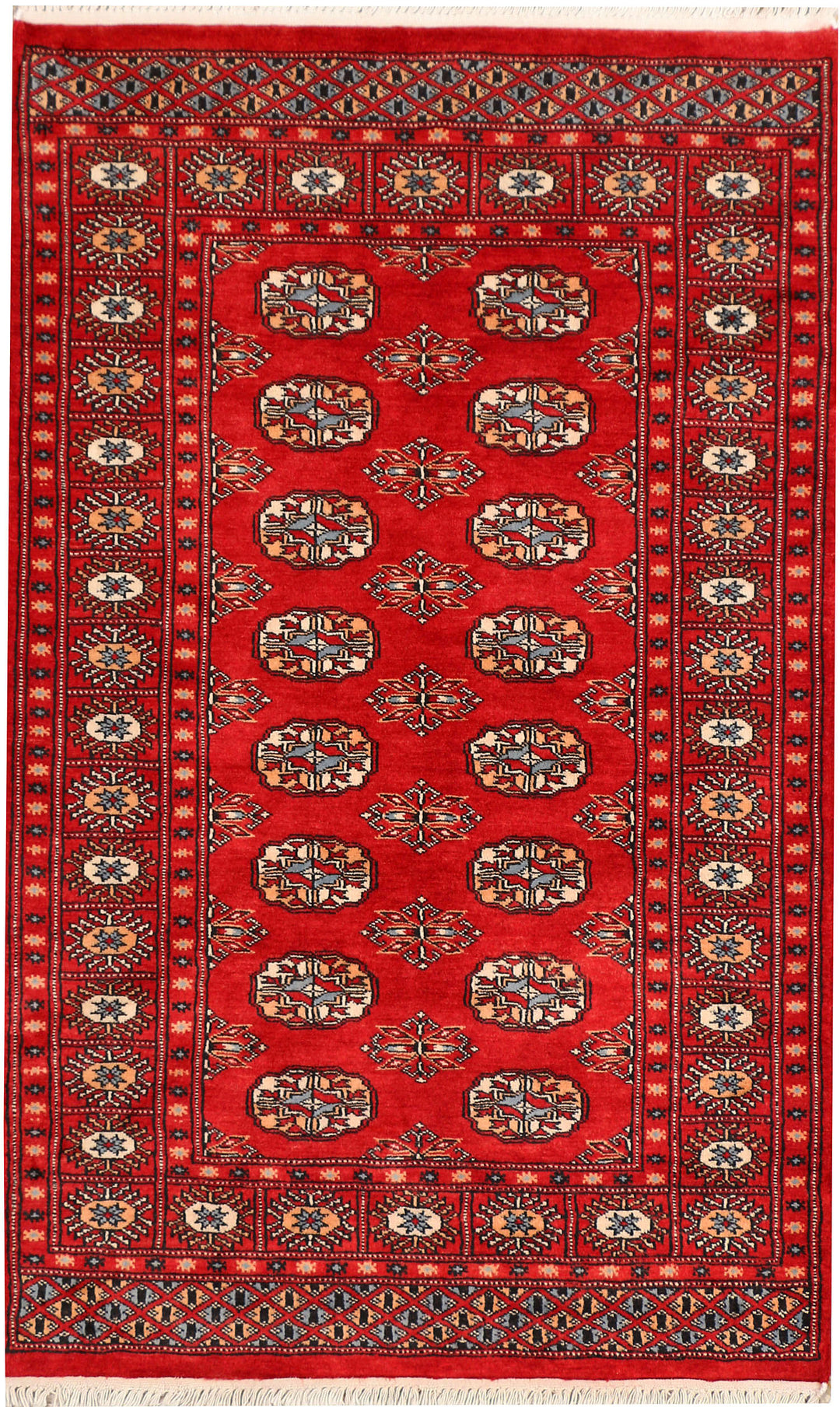 Red Pakistani Bokhara Rug 3' 1" x 5' Hand-Knotted