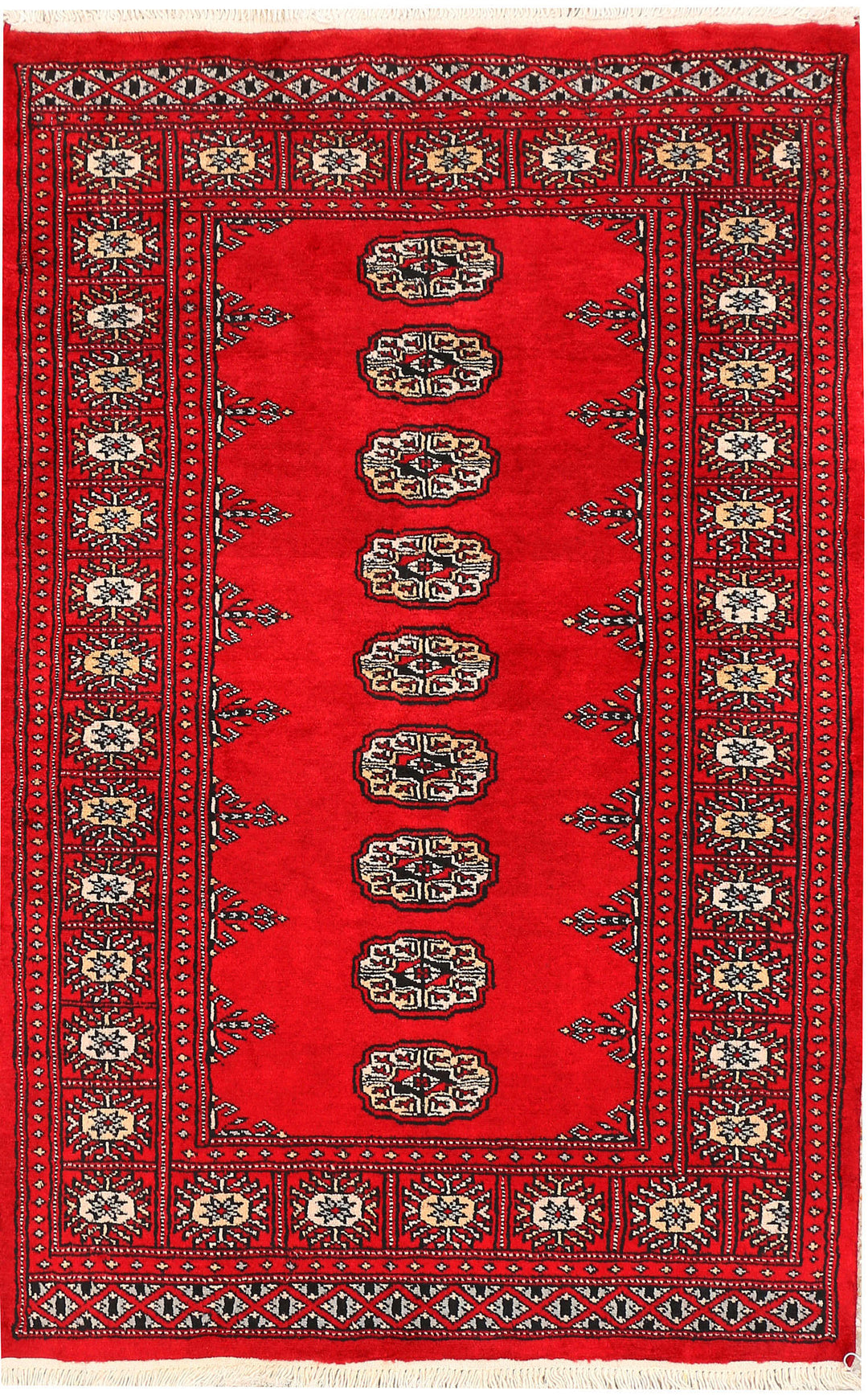 Red Pakistani Bokhara Rug 3' x 4'7" Hand-Knotted