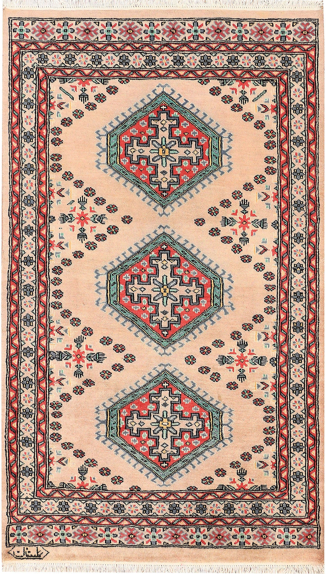 White Caucasian Oriental Rug 3'2" x 5'4" Hand-Knotted