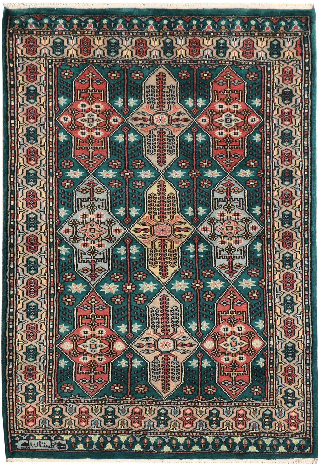 Teal Caucasian Oriental Rug 2' 7" x 3' 10" Hand-Knotted