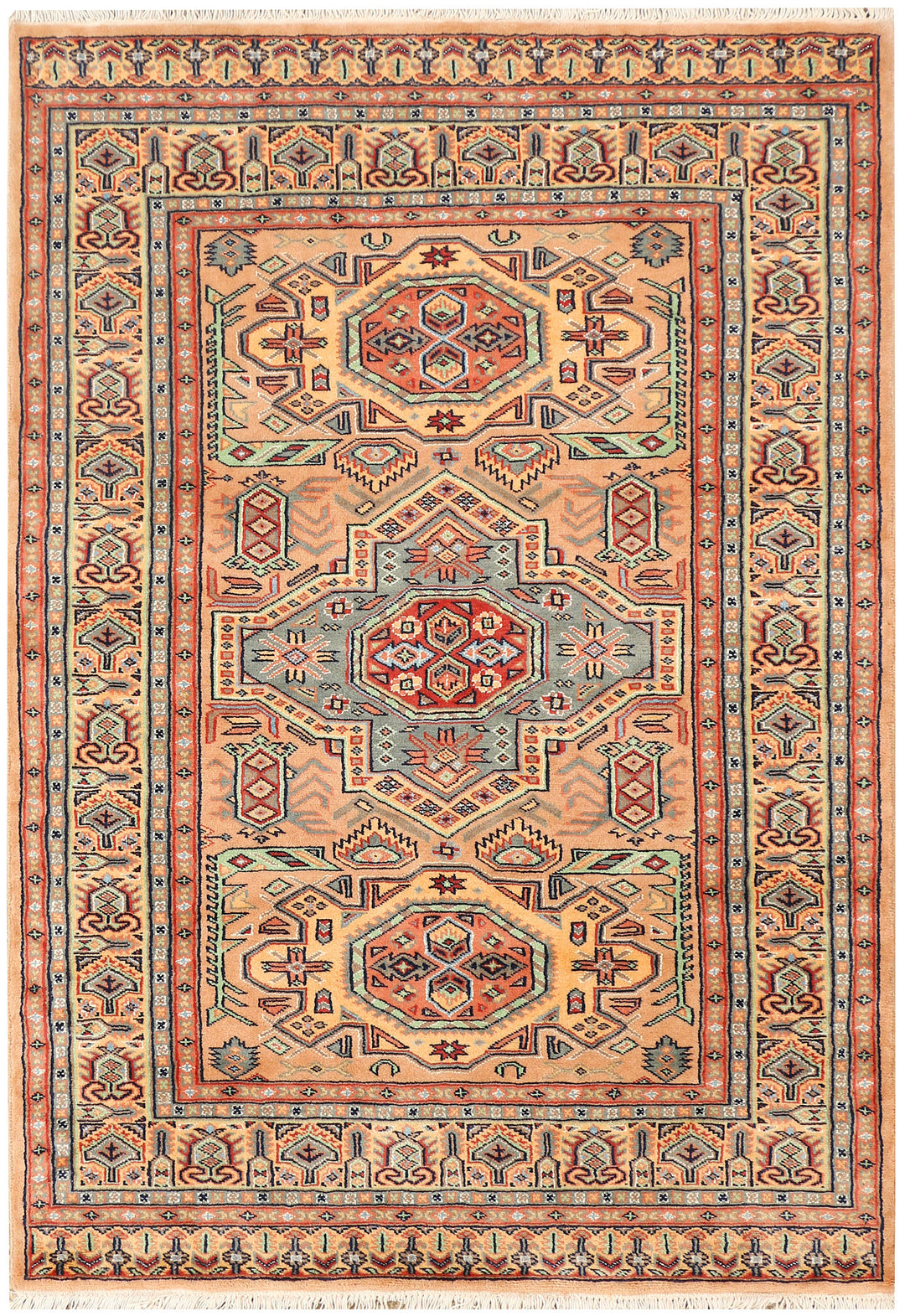 Peach Afghan Kafkazi Rug 4' 1 x 6' 1 Hand-Knotted