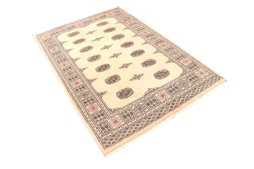 White Pakistani Bokhara Rug 4'2" x 6'1" Hand-Knotted border