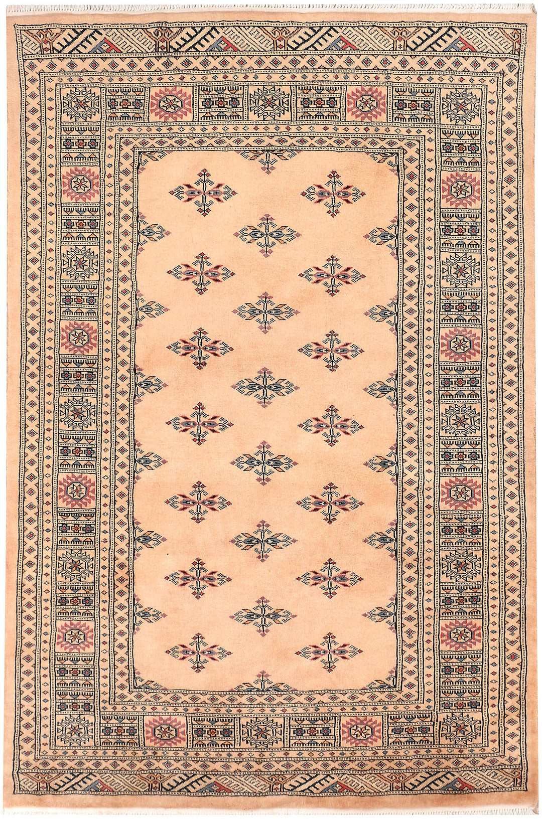 White Pakistani Bokhara Rug 4' 1 x 6' 2 Hand-Knotted