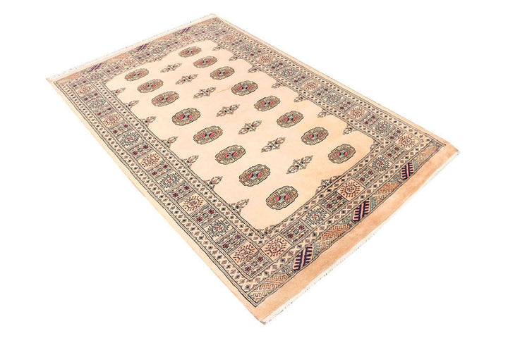 White Pakistani Bokhara Rug 4' x 6' 4 Hand-Knotted border