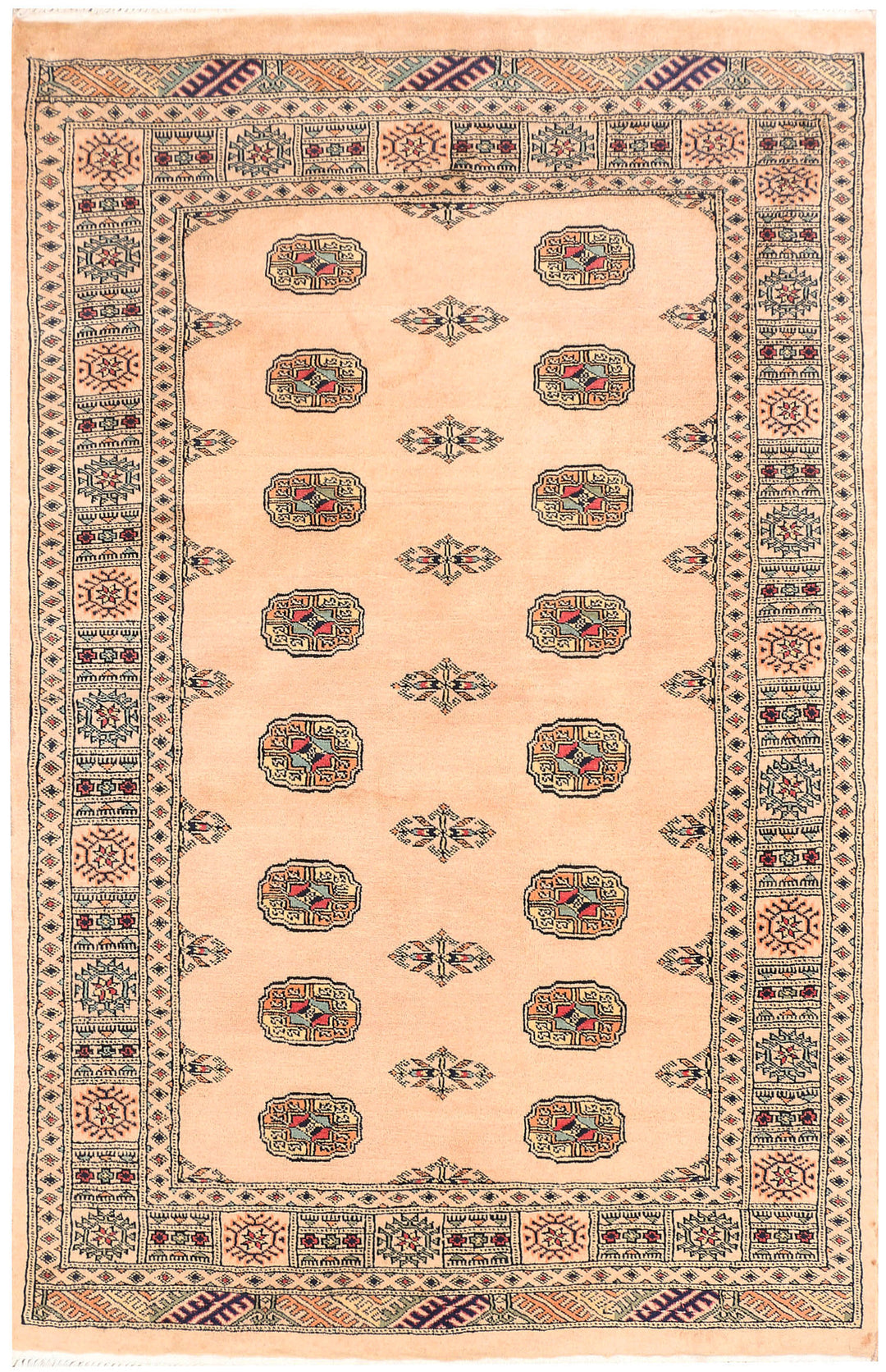 White Pakistani Bokhara Rug 4' x 6' 4 Hand-Knotted