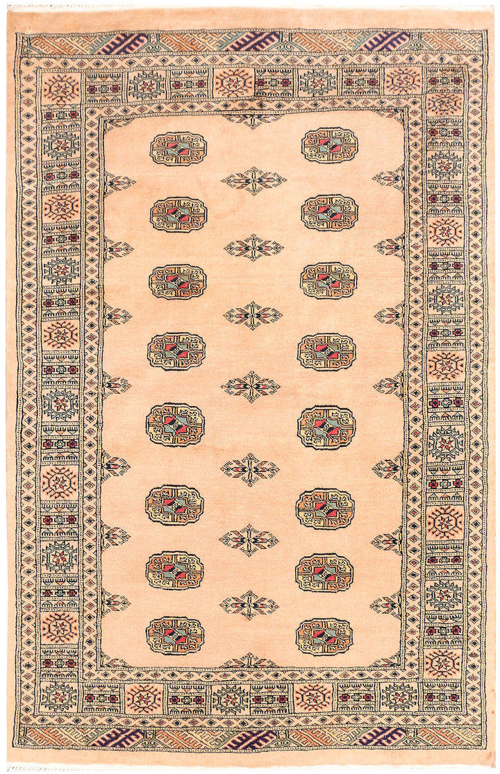 White Pakistani Bokhara Rug 4' x 6' 4 Hand-Knotted