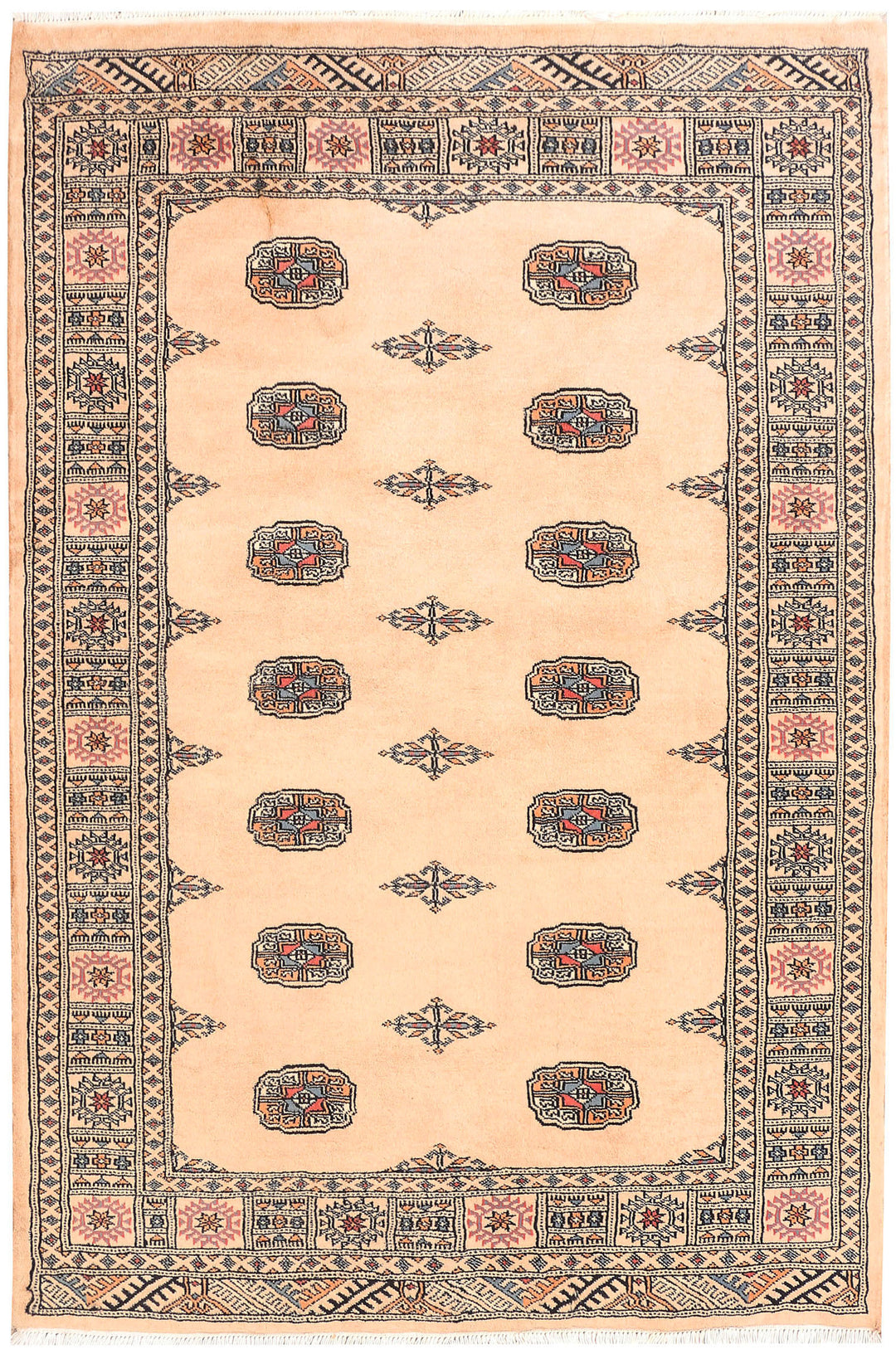 White Pakistani Bokhara Rug 4' 2 x 6' 1 Hand-Knotted