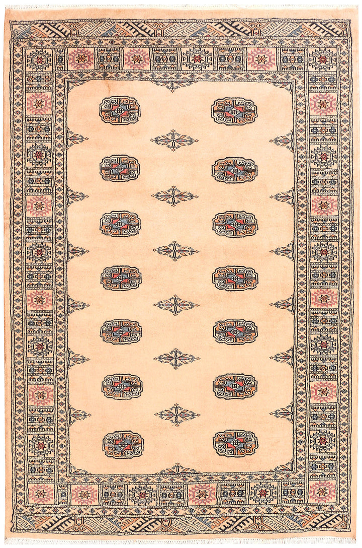White Pakistani Bokhara Rug 4' 2 x 6' 1 Hand-Knotted