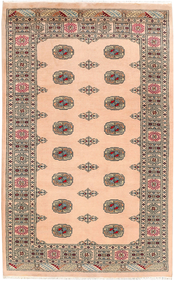 White Pakistani Bokhara Rug 4' 2 x 6' 8 Hand-Knotted