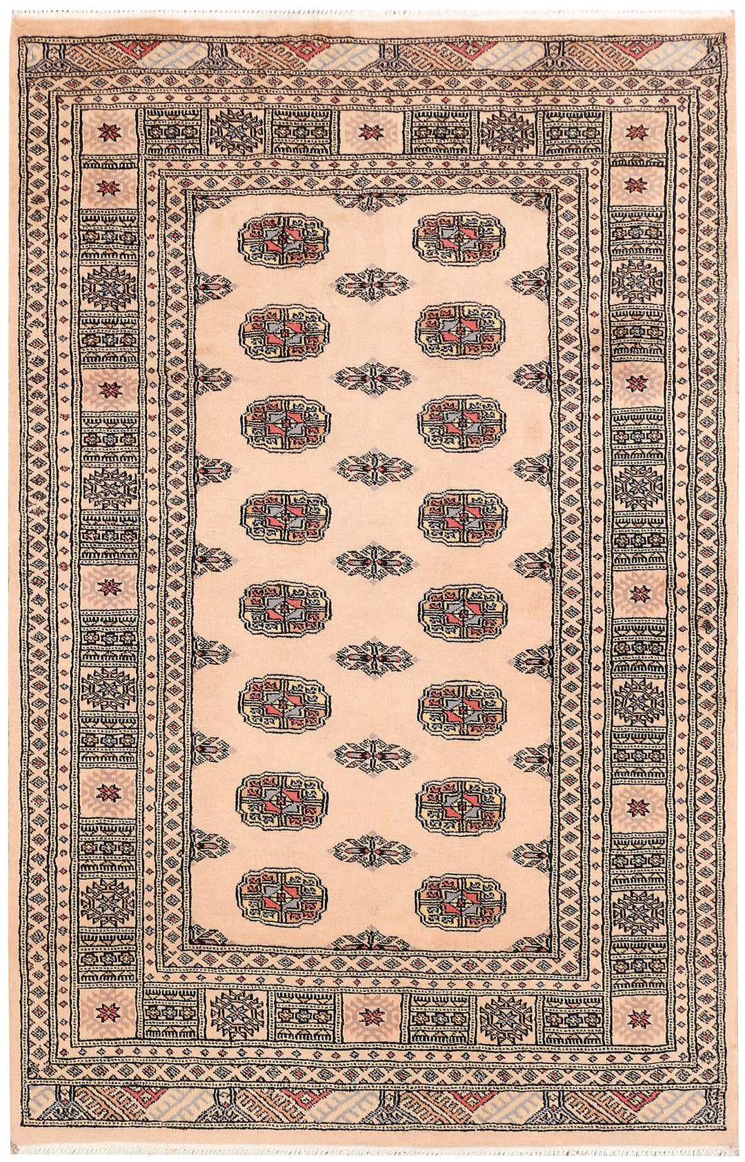 Tan Pakistani Bokhara Rug 4' x 6' Hand-Knotted