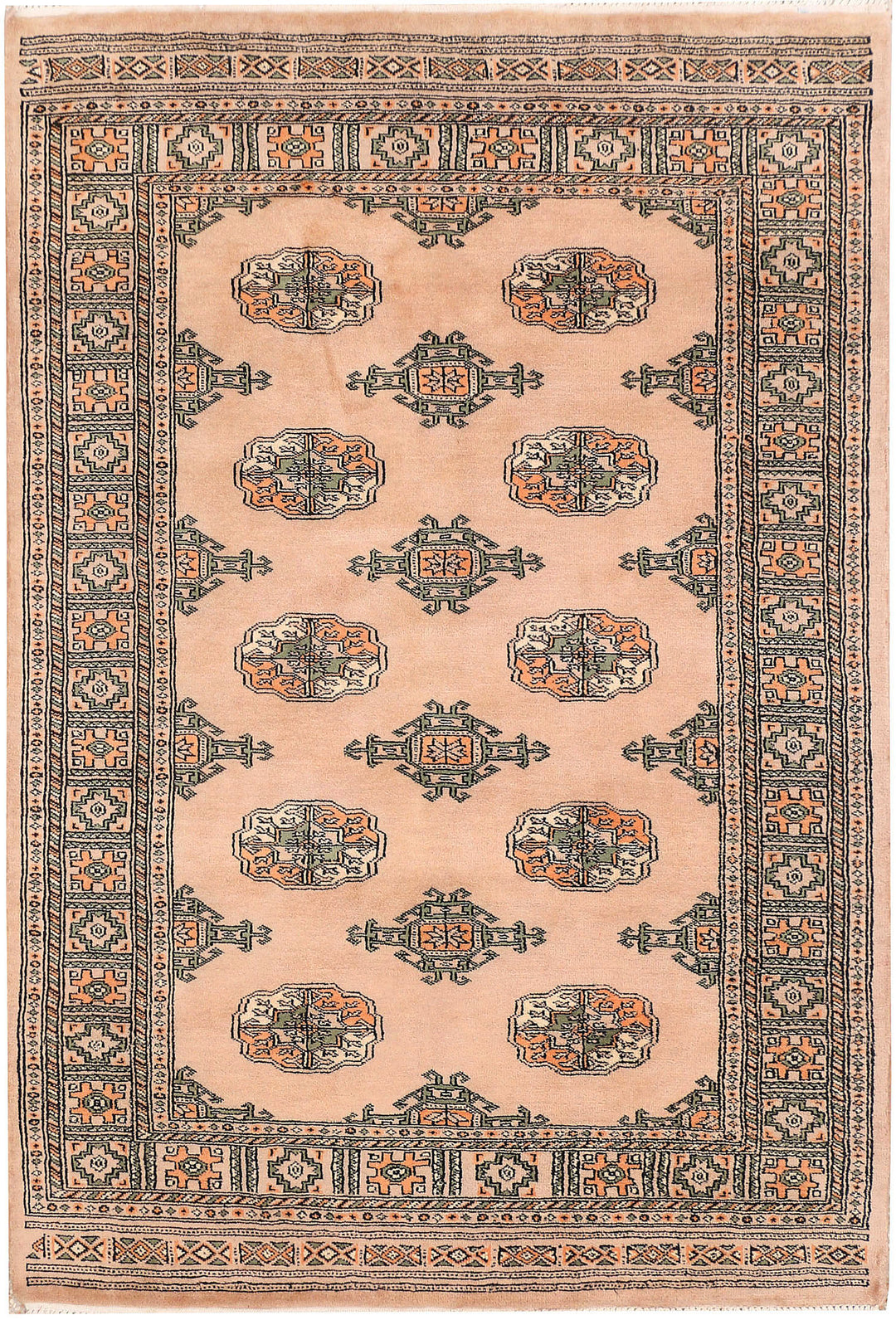 Tan Pakistani Bokhara Rug 4' 2" x 6' 2" Hand-Knotted