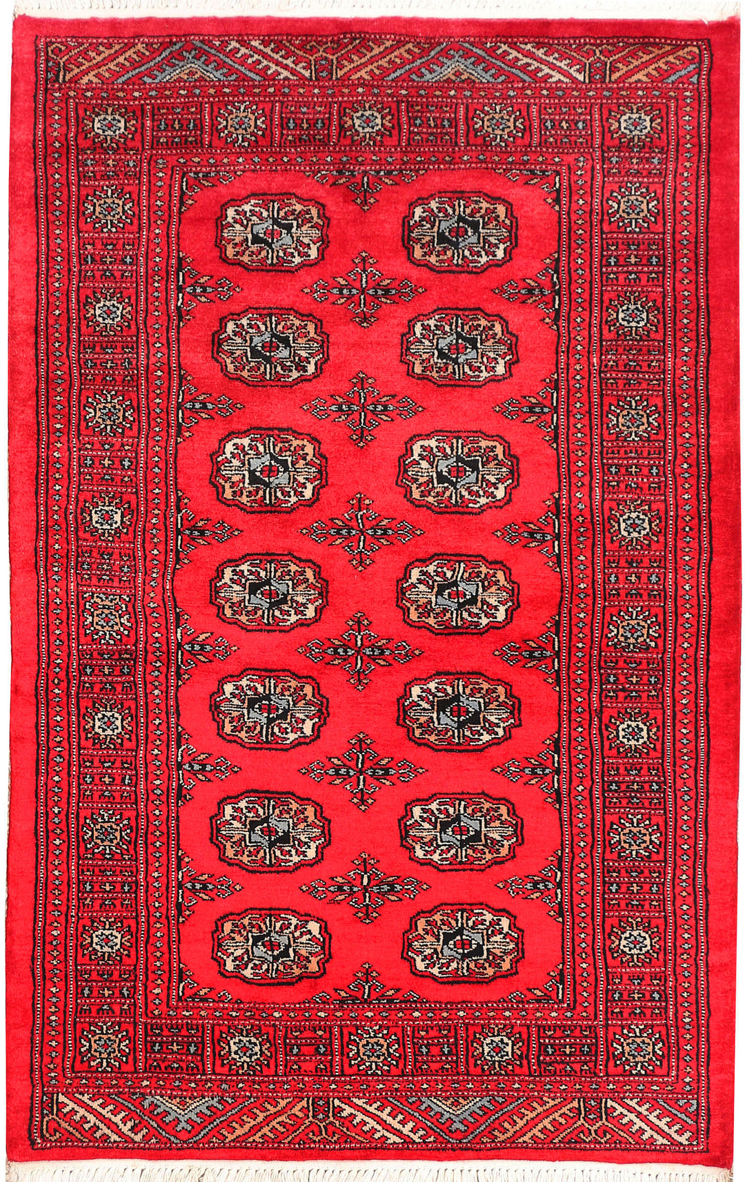 Red Pakistani Bokhara Rug 3'2" x 4'11" Hand-Knotted
