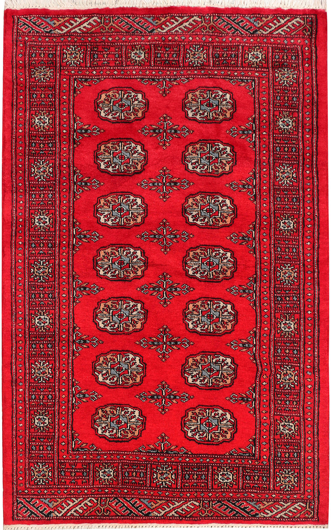 Red Afghan Bokhara Rug 3' 2 x 5' Hand-Knotted