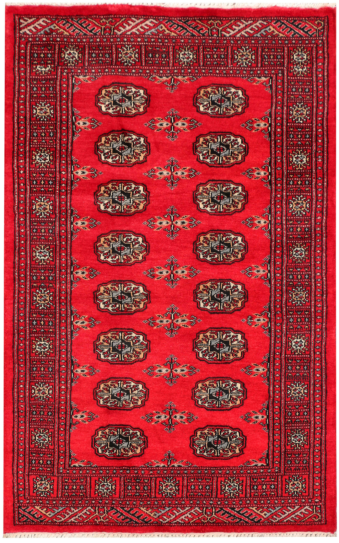 Red Pakistani Bokhara Rug 3' 1 x 5' Hand-Knotted