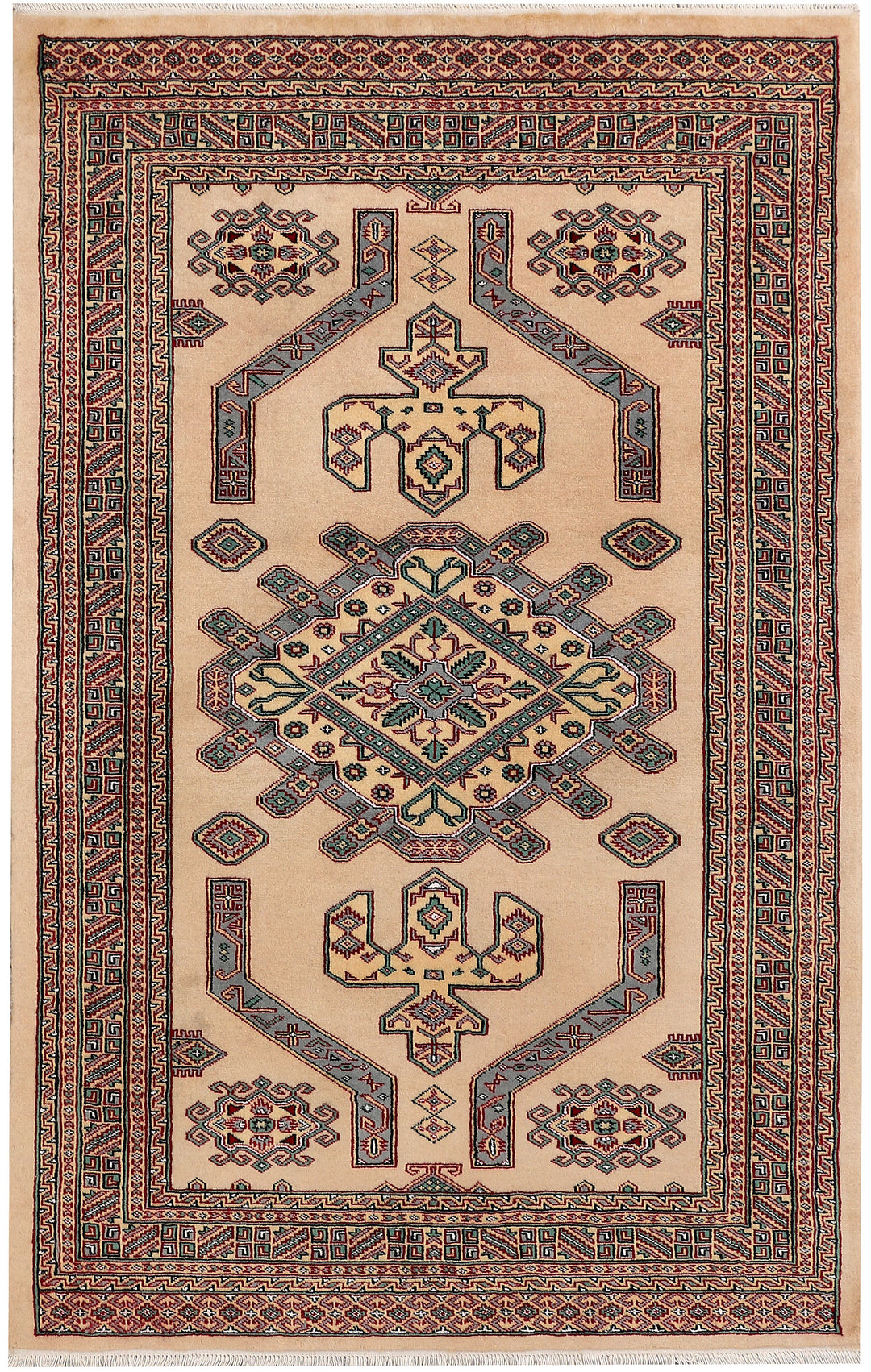 White Caucasian Rug 4' 2" x 6' 5" Hand-Knotted