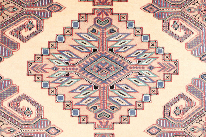 White Caucasian Oriental Rug 4' 3 x 6' Hand-Knotted close-up