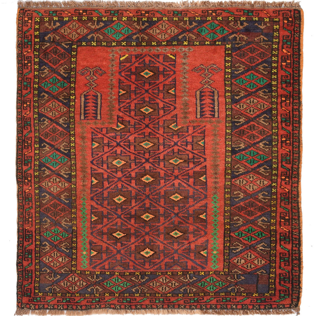 Red Afghan Baluchi Rug 2'6" x 2'9" Hand-Knotted