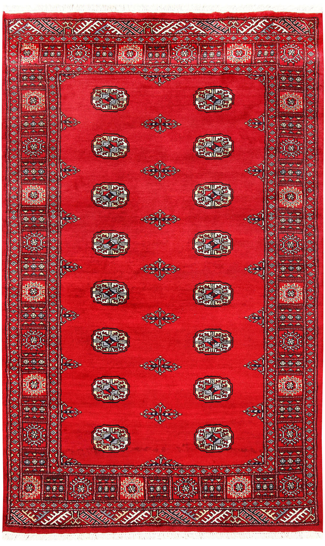 Red Pakistani Bokhara Rug 4' 2" x 6' 9" Hand-Knotted