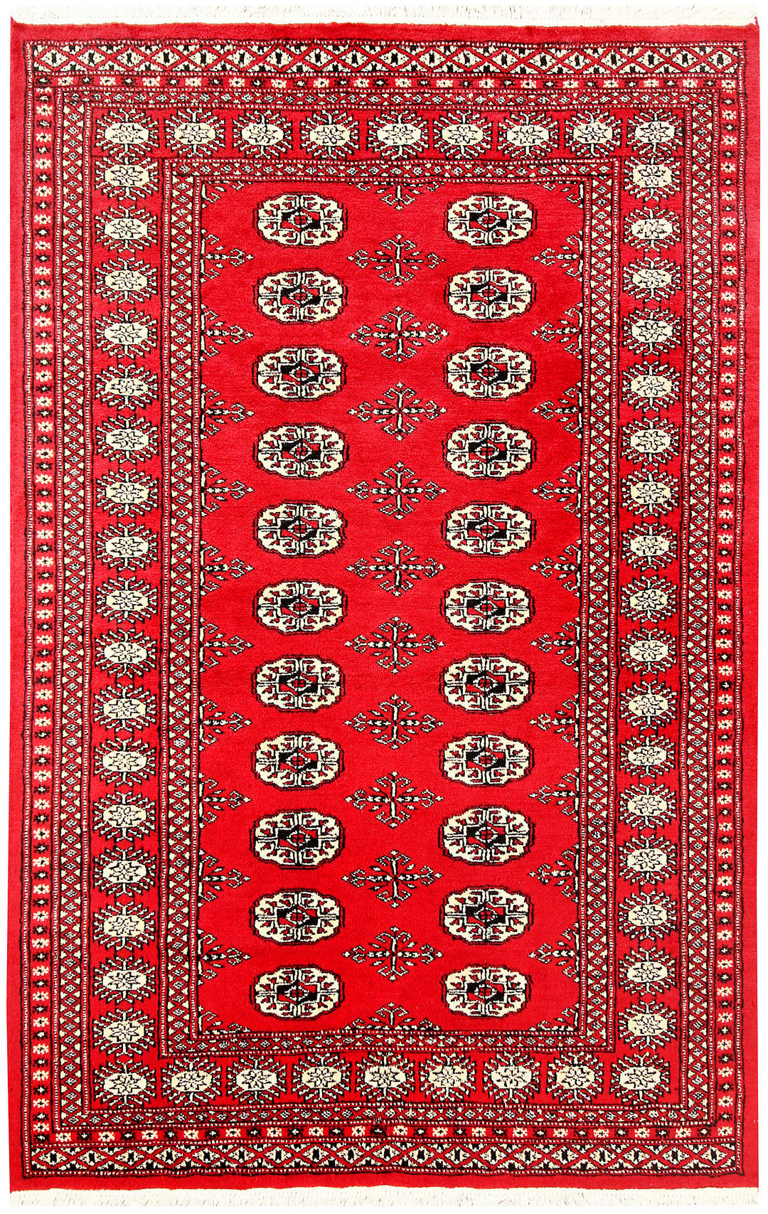 Red Pakistani Bokhara Rug 4' x 6' 2 Hand-Knotted