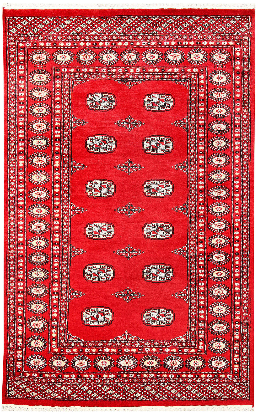 Red Pakistani Bokhara Rug 4' 2 x 6' 6 Hand-Knotted