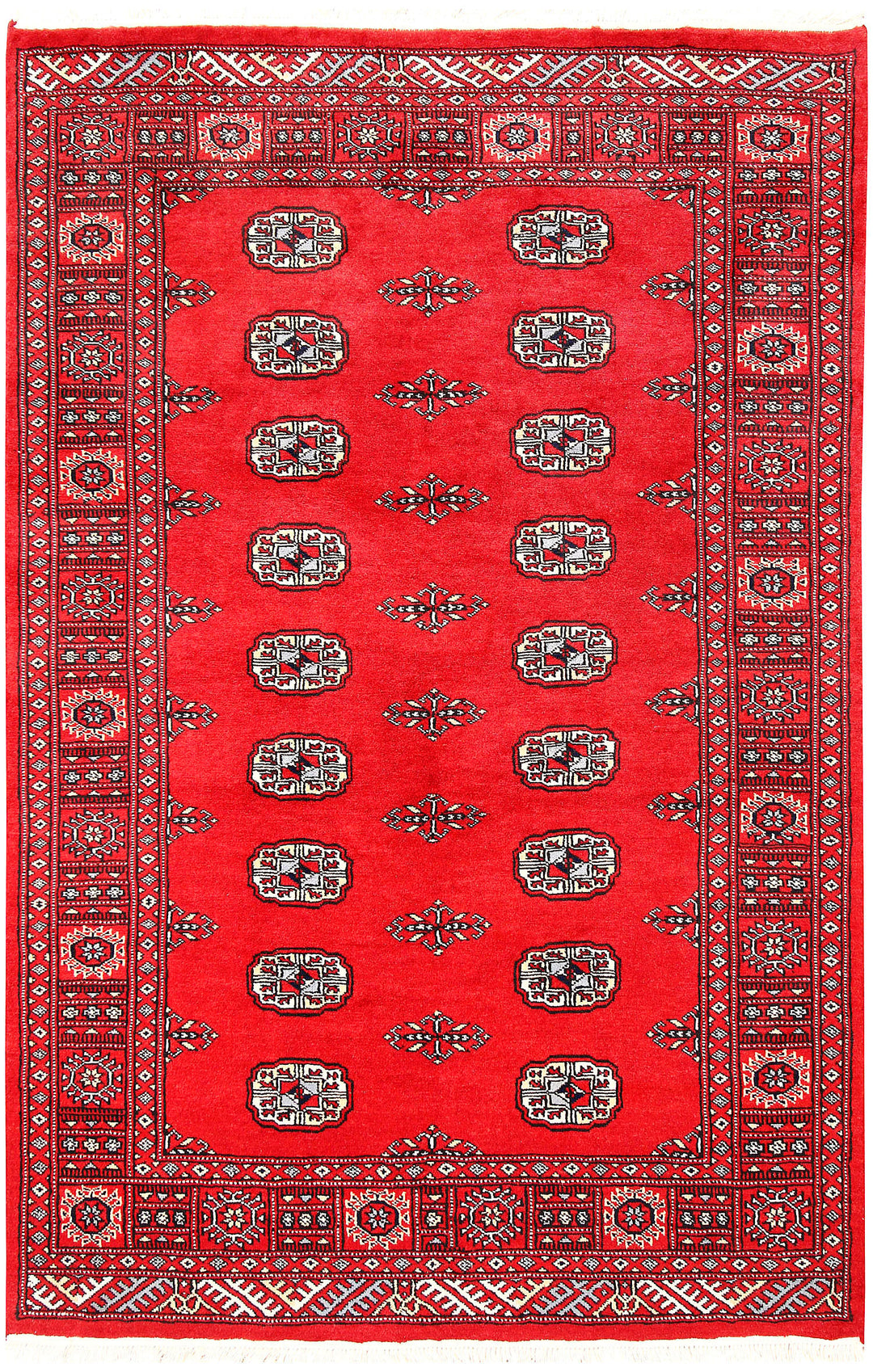 Red Pakistani Bokhara Rug 4' x 6' 2 Hand-Knotted