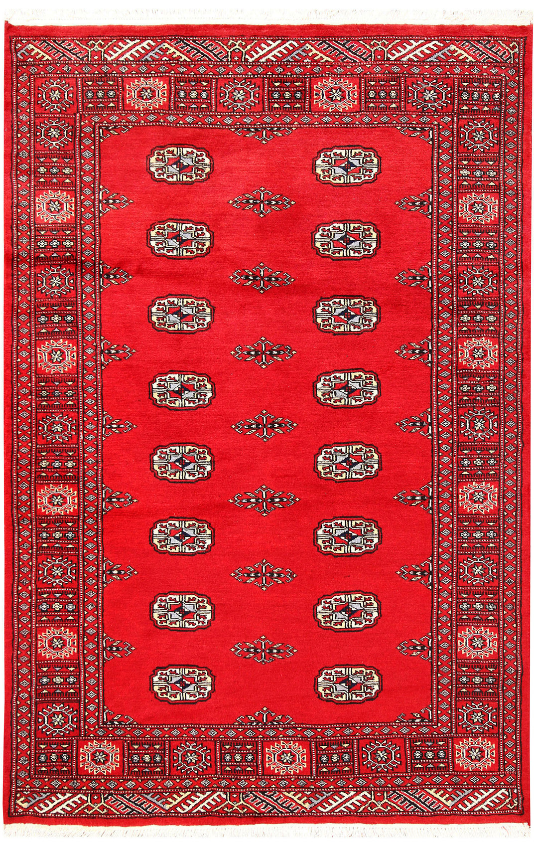 Red Pakistani Bokhara Rug 4' x 6' 1 Hand-Knotted