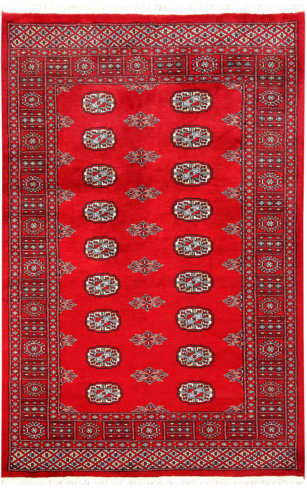 Red Pakistani Bokhara Rug 4' x 6' 2 Hand-Knotted