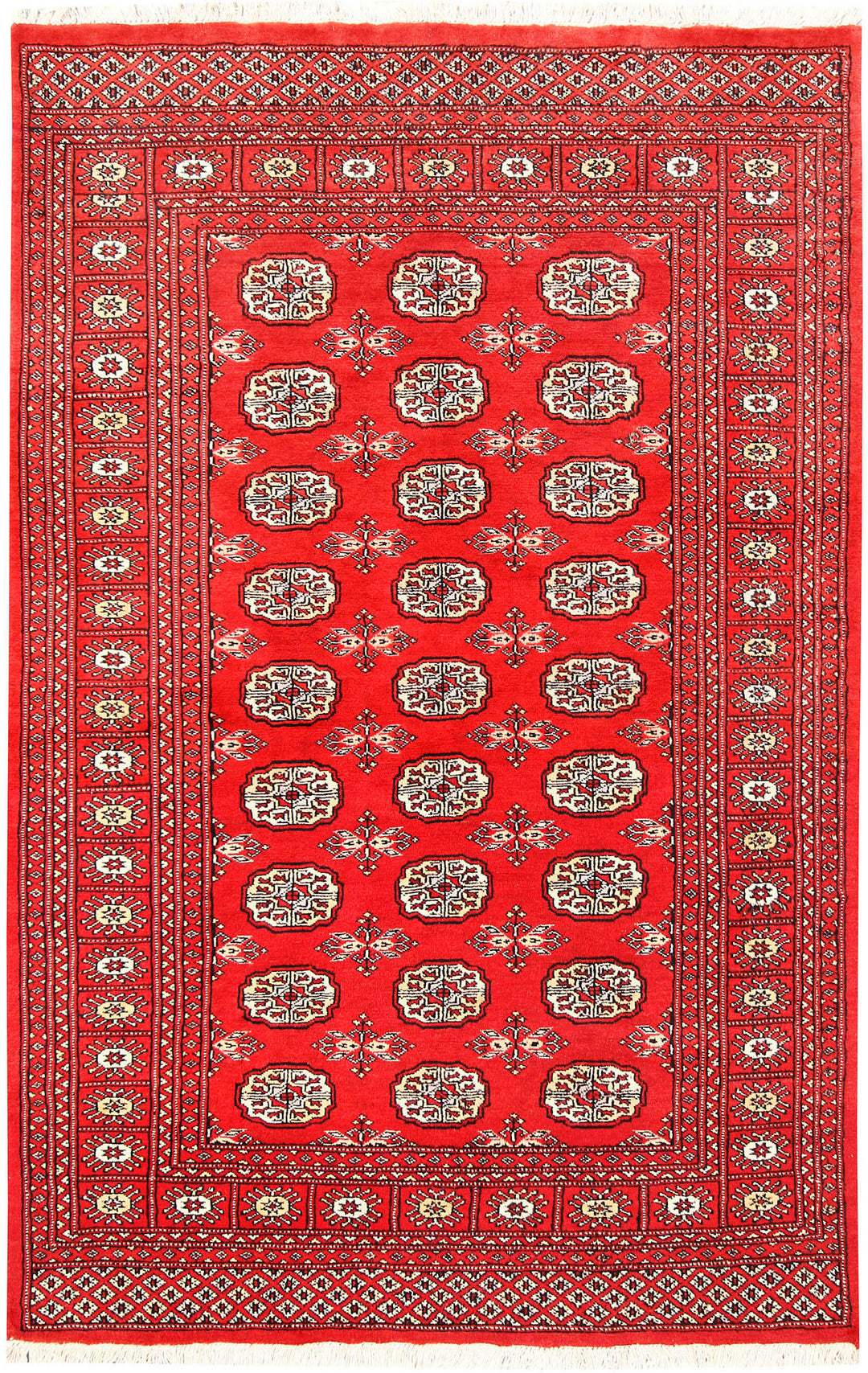 Red Pakistani Bokhara Rug 4' x 6'2" Hand-Knotted