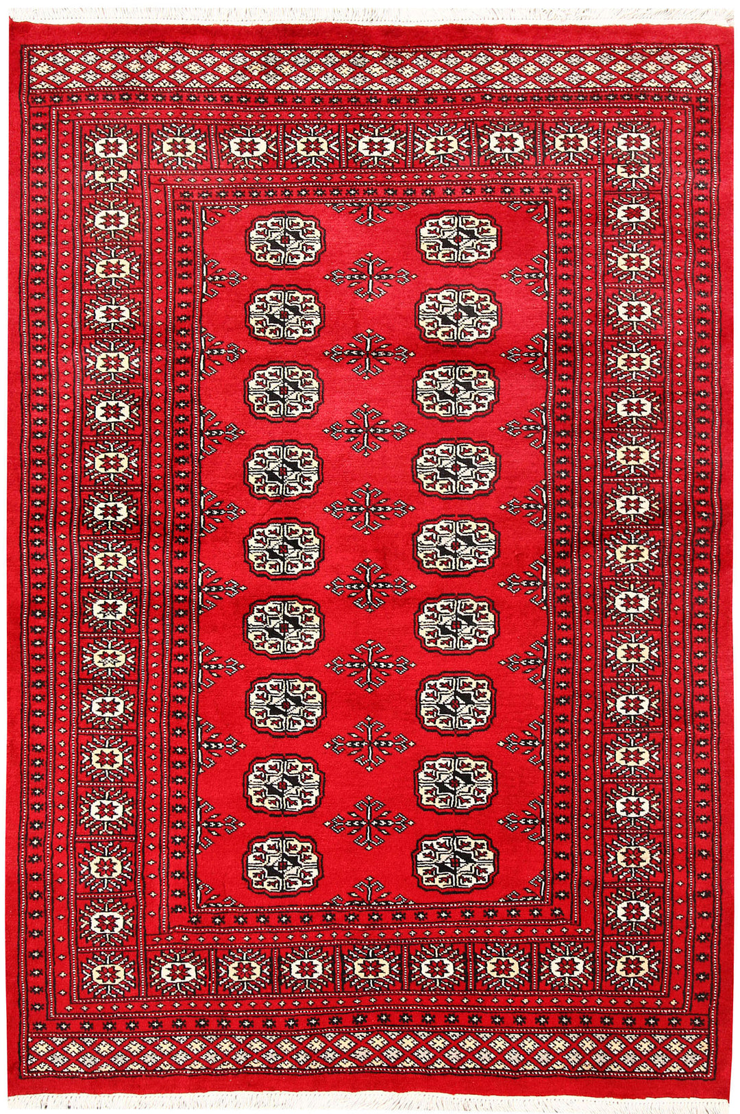 Red Pakistani Bokhara Rug 4' 1" x 6' 1" Hand-Knotted