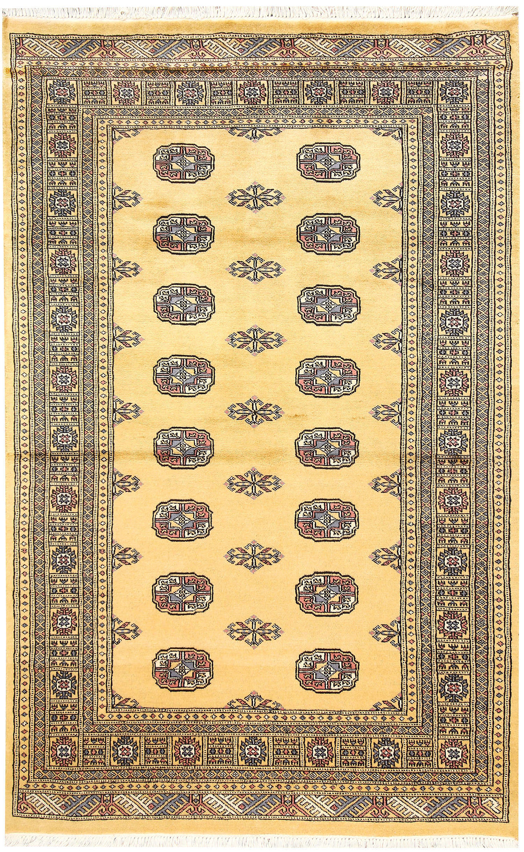 Golden Pakistani Bokhara Rug 4' x 6'4" Hand-Knotted