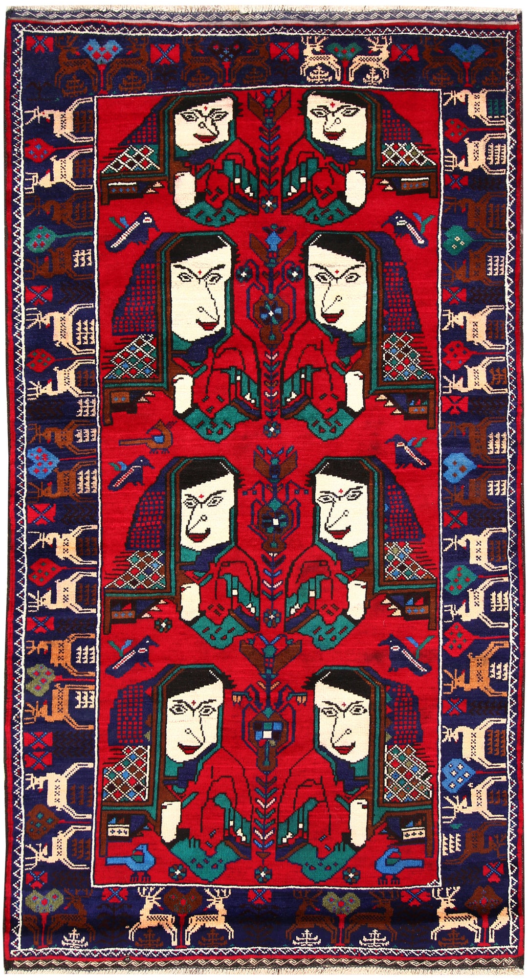 Red Afghan Pictorial Rug 3'10" x 6'11" Hand-Knotted