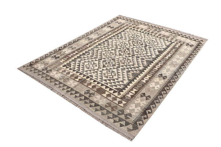 White Afghan Kilim Rug 4' 11" x 6' 4" Flat-Weave border