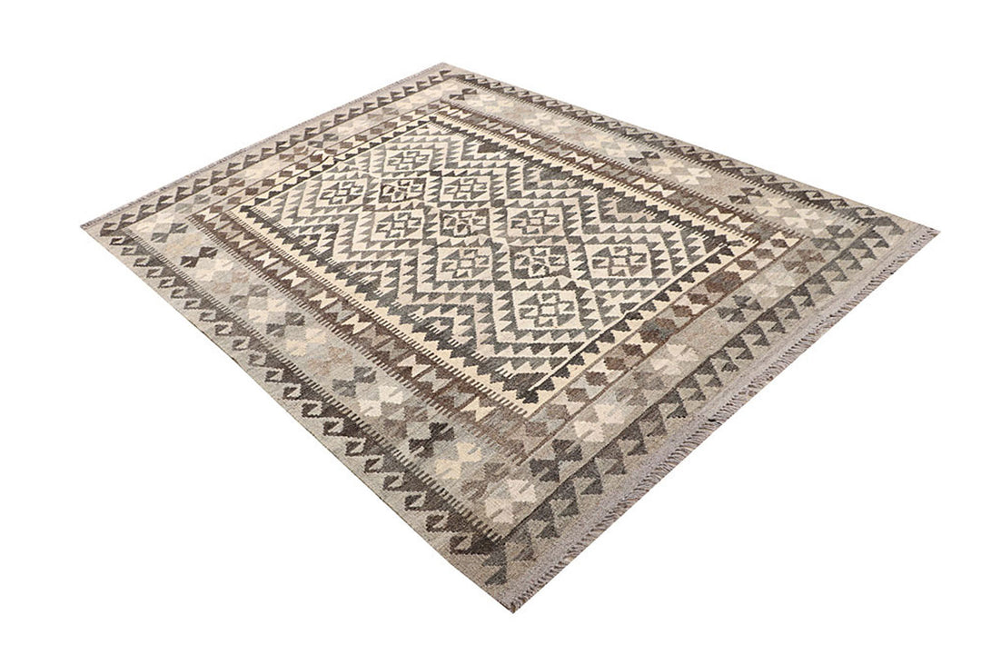 White Afghan Kilim Rug 4' 11" x 6' 4" Flat-Weave field
