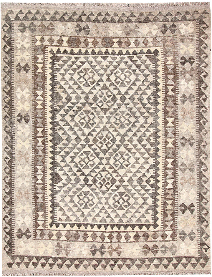 White Afghan Kilim Rug 4' 11" x 6' 4" Flat-Weave