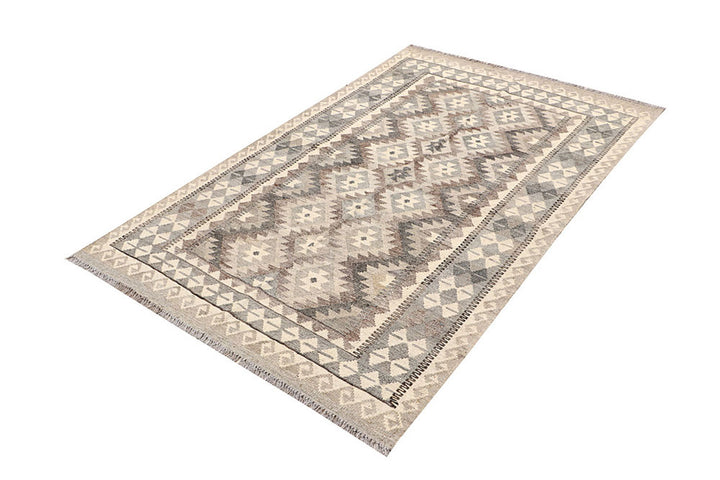 White Afghan Kilim Rug 3' 11 x 6' 6 Flat-Weave border