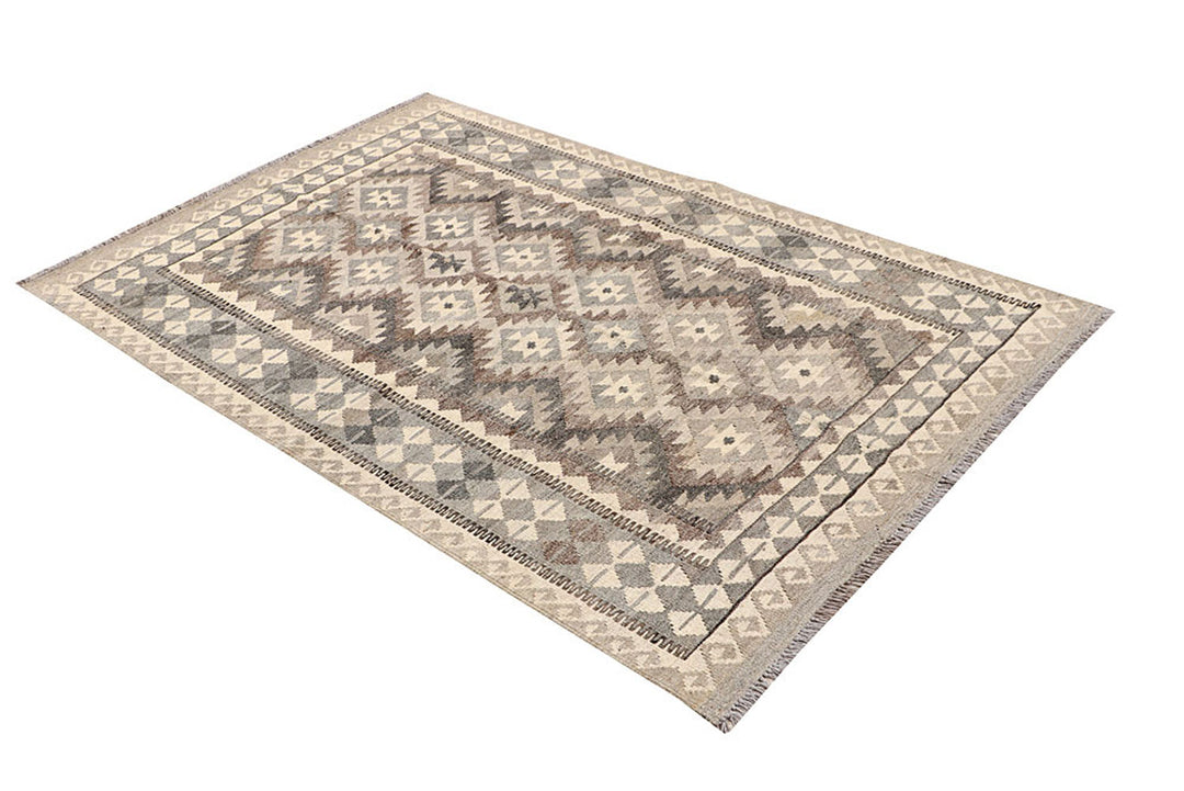 White Afghan Kilim Rug 3' 11 x 6' 6 Flat-Weave field