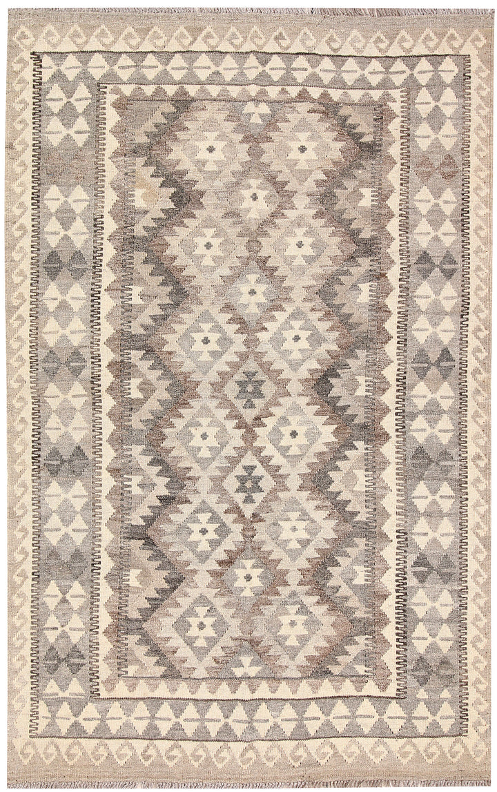 White Afghan Kilim Rug 3' 11 x 6' 6 Flat-Weave