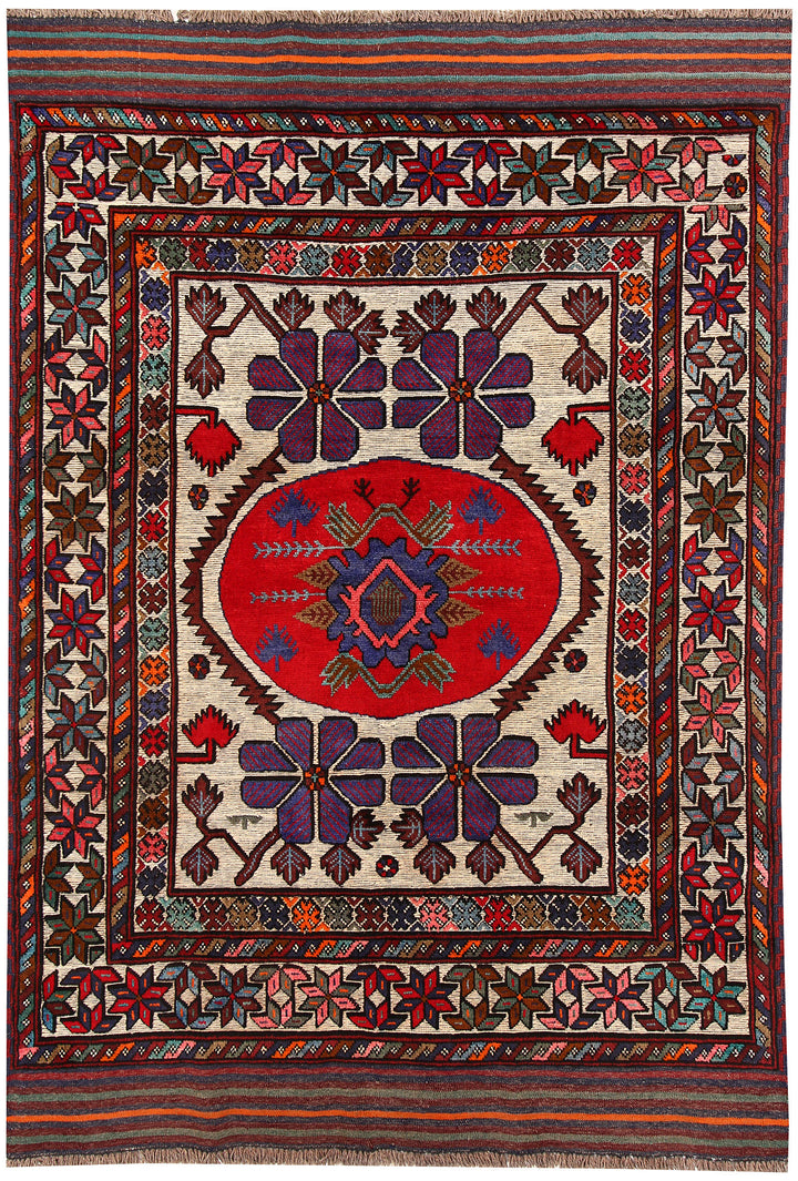Brown Afghan Oriental Rug 4'1" x 5'11" Hand-Knotted