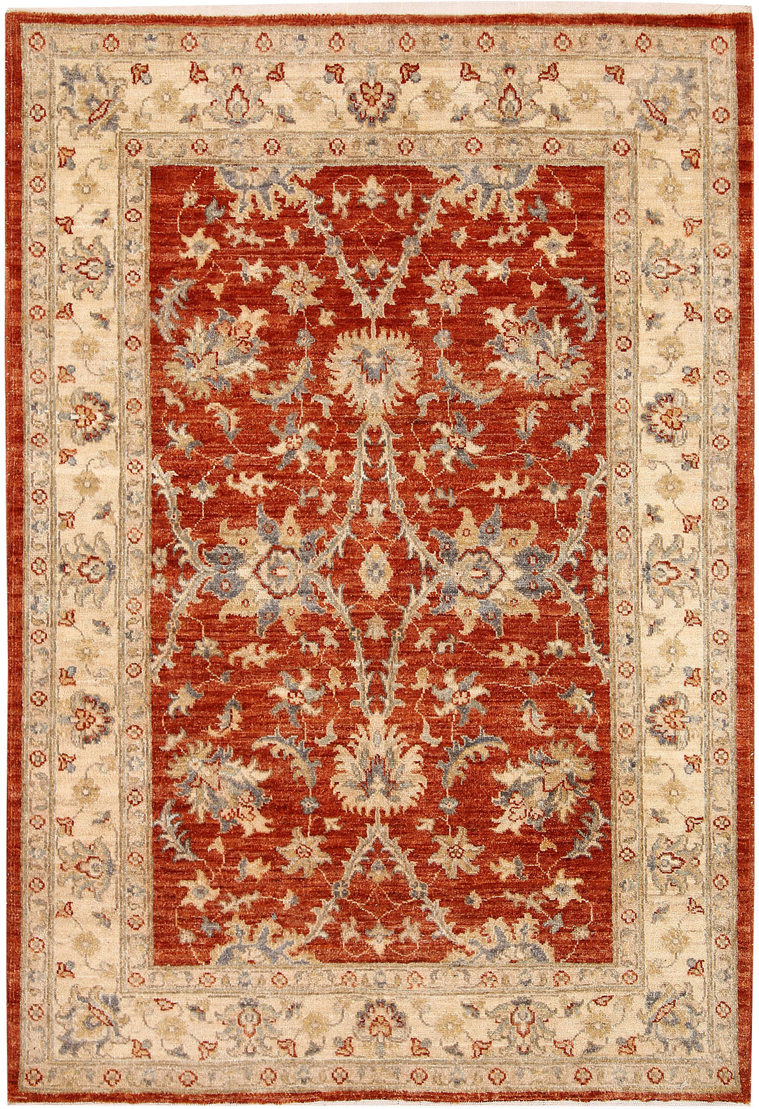 Red Afghan Ziegler Rug 4' x 5' 11" Hand-Knotted
