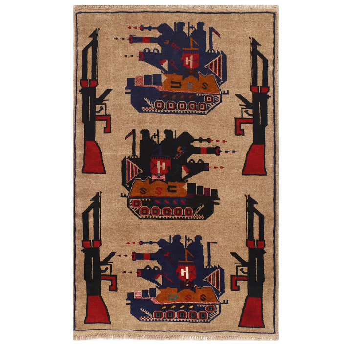 Beige Afghan Tribal Rug 2' 8" x 4' 4" Hand-Knotted