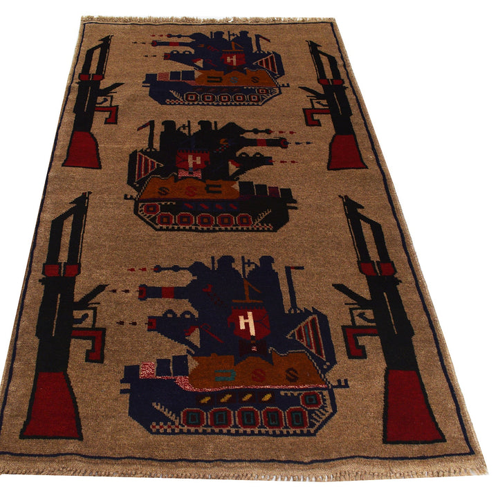 Beige Afghan Tribal Rug 2' 8" x 4' 4" Hand-Knotted close-up