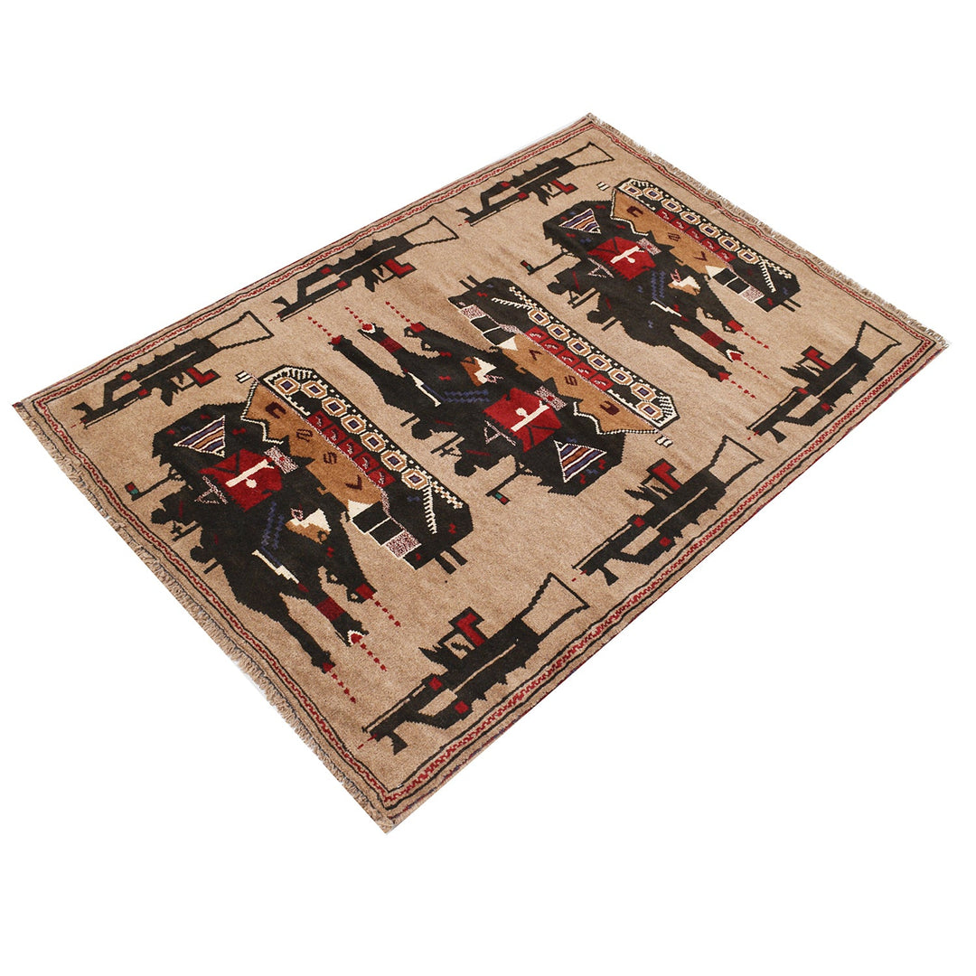 Beige Afghan Tribal Rug 3' x 4' 2" Hand-Knotted detail