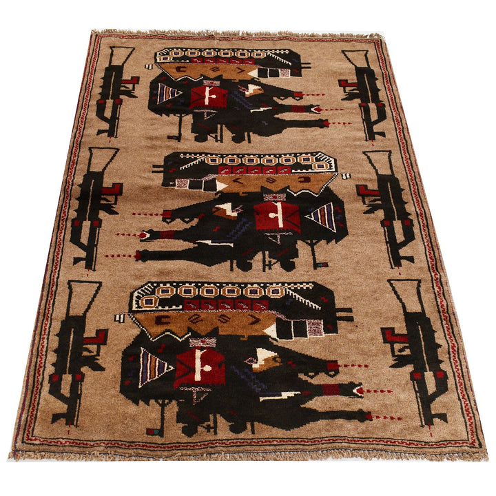 Beige Afghan Tribal Rug 3' x 4' 2" Hand-Knotted close-up