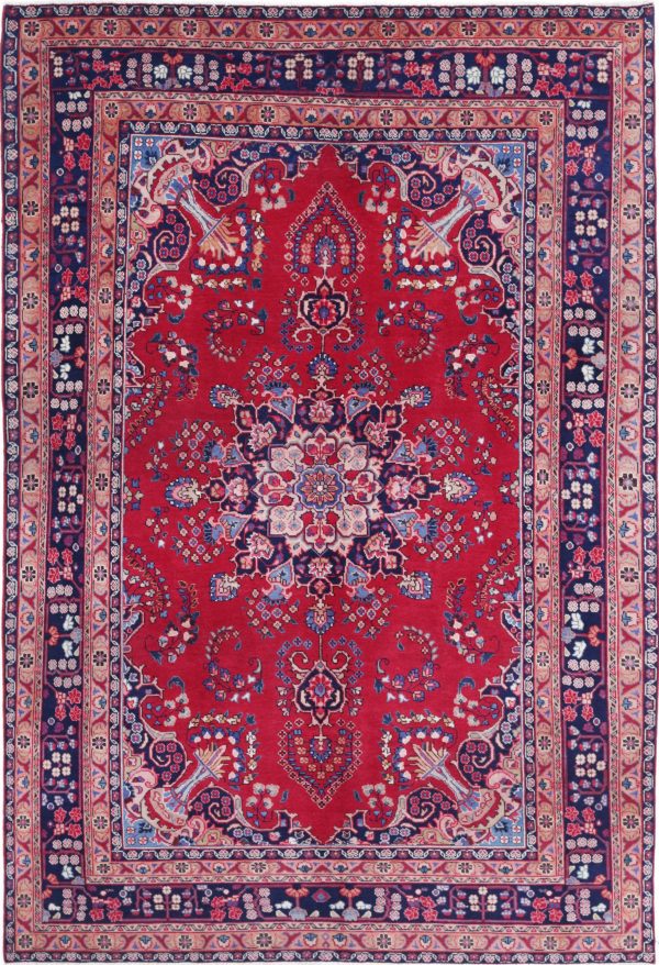 Red Afghan Mashad Rug 6' 4" x 9' 4" Hand-Knotted