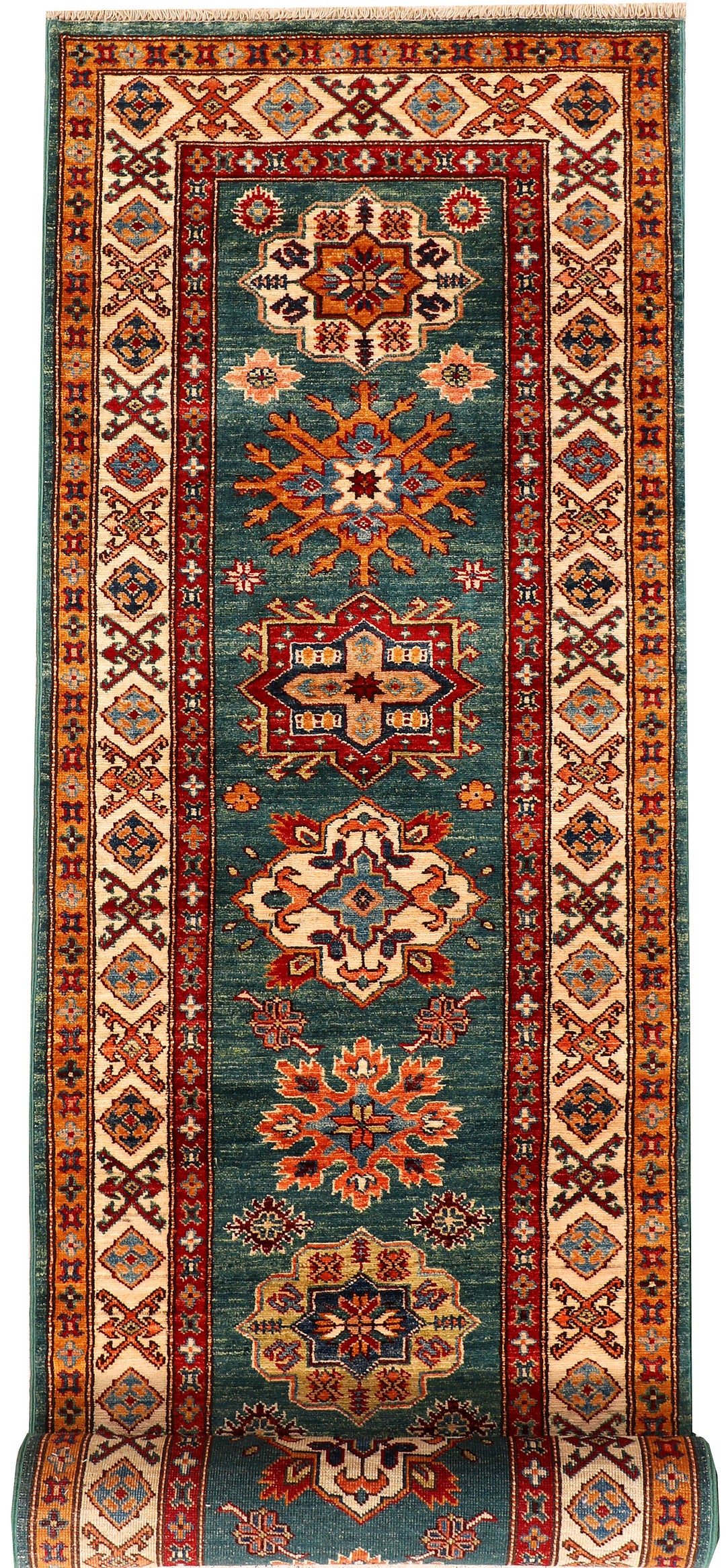 Teal Afghan Kazak Rug 2' 7 x 10' 2 Hand-Knotted