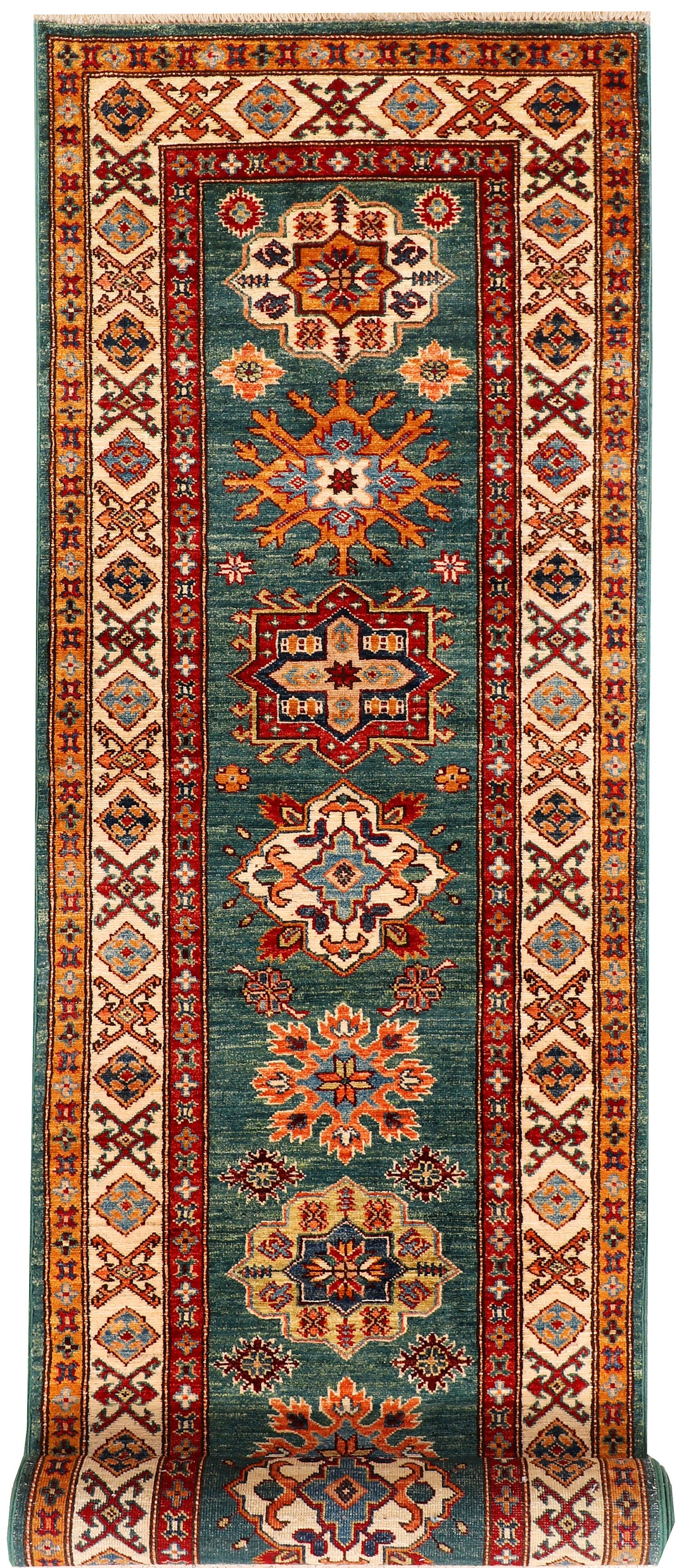 Teal Afghan Kazak Rug 2' 7 x 10' 2 Hand-Knotted