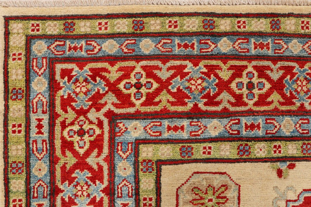 White Afghan Kazak Rug 5' x 6'9" Hand-Knotted detail