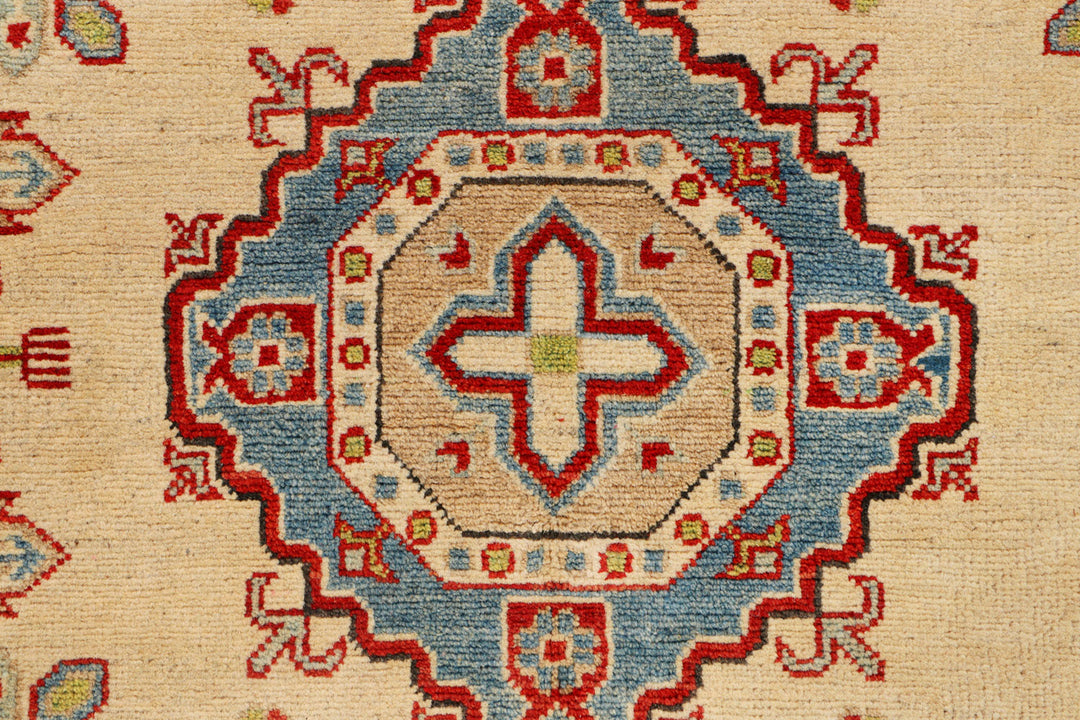 White Afghan Kazak Rug 5' x 6'9" Hand-Knotted close-up