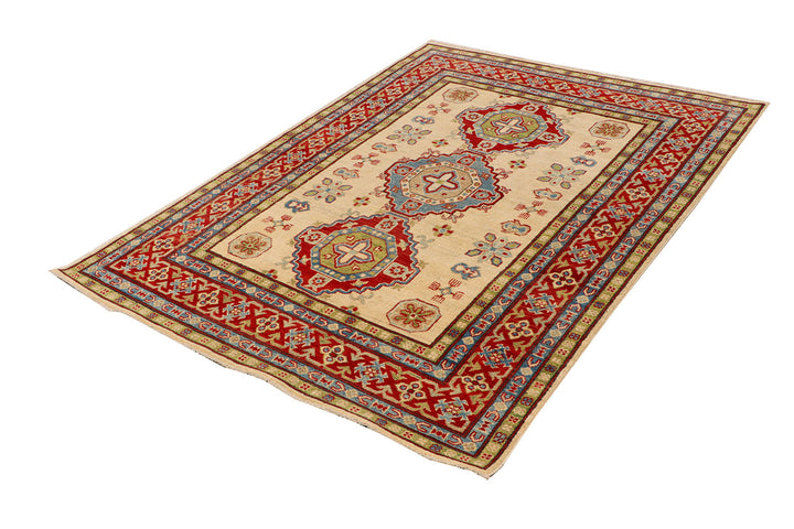 White Afghan Kazak Rug 5' x 6'9" Hand-Knotted border