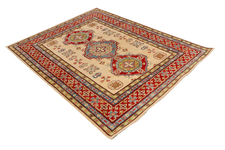 White Afghan Kazak Rug 5' x 6'9" Hand-Knotted field
